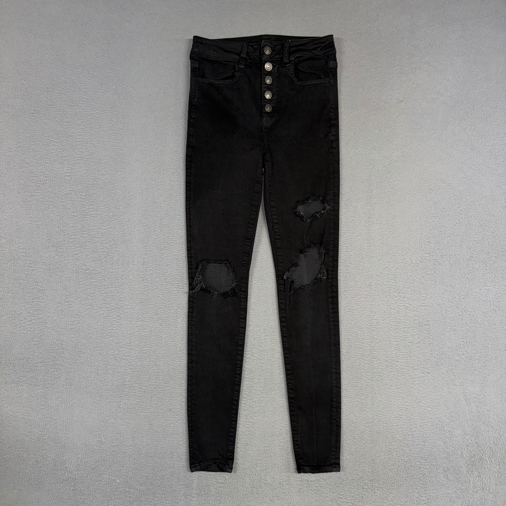 American Eagle Jeans Women 2 Black Skinny Distressed High Rise Button Fly Denim